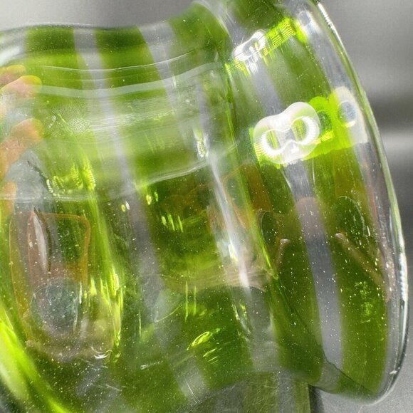 Blenko Art Glass Bowl Planter Flower Pot Hand Blown Green Clear Lines Round Vtg - Picture 8 of 16